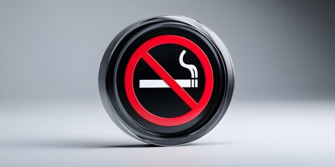 3D-style no smoking sign with a red prohibition symbol over a black cigarette, centered on a plain white background under studio lighting.  