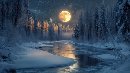 Moonlit winter night in snowy forest with frozen river and starry sky