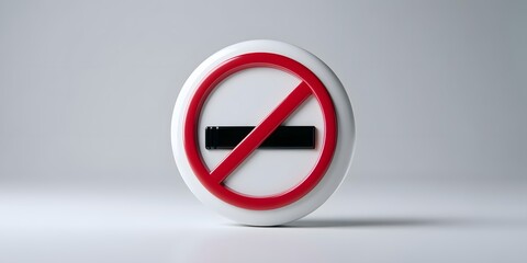 3D-style no smoking sign with a red prohibition symbol over a black cigarette, centered on a plain white background under studio lighting.  