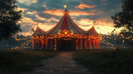 Vibrant circus tent at sunset with glowing lights in scenic outdoor setting