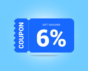 6% coupon promotion sale. Six percent Vector Gift Voucher. Blue discount, lucky ticket, special offer promo. Web, shopping label, percent sign. Special price offers.