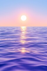 Serene sunset over calm ocean; sun's reflection shimmering on purple-hued water