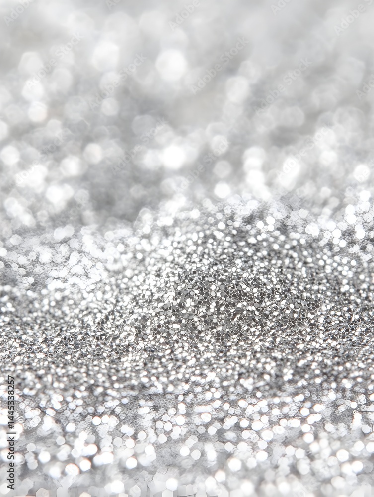Poster shimmering silver texture with blurred bokeh effect, creating a luxurious and elegant feel