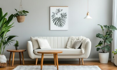 Stylish living room with white sofas and abstract art. AI generated illustration.
