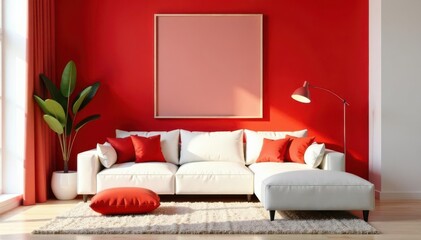 Chic red accent wall complements crisp white sofa , decor inspiration, comfortable, sofa design
