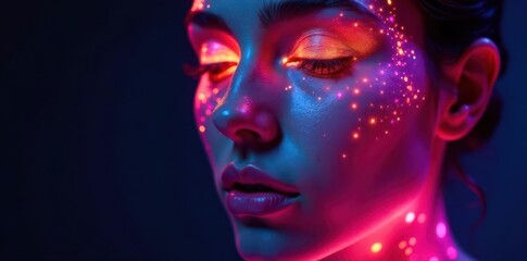 Close-up face, vibrant neon sparkle makeup, glowing skin, sensual, cosmetics, luxurious