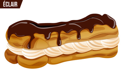 Chocolate Eclair Detailed Illustration Isolated. French Pastry with Chocolate Icing and Cream Filling