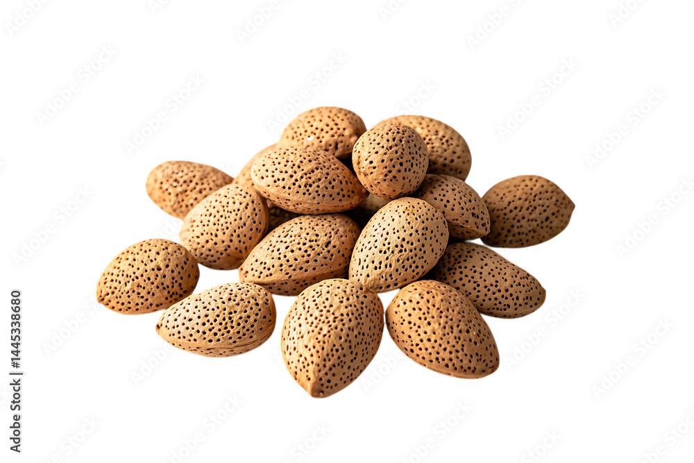 Poster pile of raw almonds in shells against a trasparent background