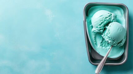 An elegant presentation of smooth mint ice cream in a tray, paired with a spoon, encapsulating the joy and indulgence of enjoying refreshing desserts on a warm day.