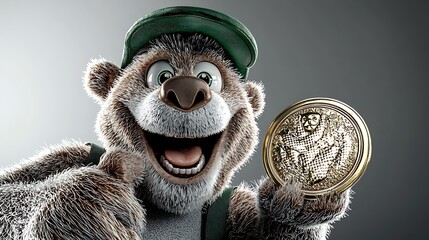 Cheerful cartoon bear character holding a shiny fish medal in a studio setting with soft lighting