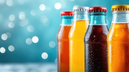 Four glass bottles filled with colorful drinks, featuring unique caps and fresh condensation, radiating a sense of fun and inviting refreshment on a bright backdrop.