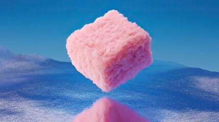 A minimalist pink logo presenting an open cube crafted from thick plush material, surrounded by waves, floating on water with a blue background in a high-resolution scene.