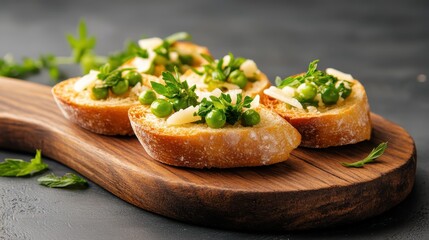 Enjoy these crispy toasts topped with fresh green peas and herbs, a delightful appetizer that adds a touch of freshness and elegance to any gathering.
