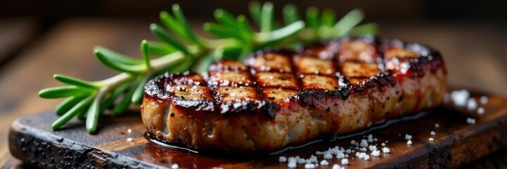 Grilled ribeye steak, rosemary sprig, coarse salt, delicious, culinary