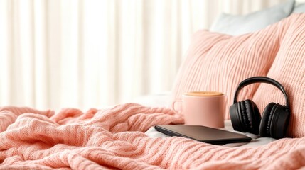 A serene bedroom ambiance showcased by soft pink pillows, a warm beverage, and headphones, inviting relaxation and a cozy atmosphere perfect for unwinding.