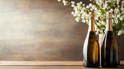 Two bottles of champagne displayed on a rustic wooden backdrop among beautiful flowers, embodying luxurious experiences suitable for a variety of celebrations.