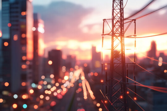 City sunset electricity tower blurred lights