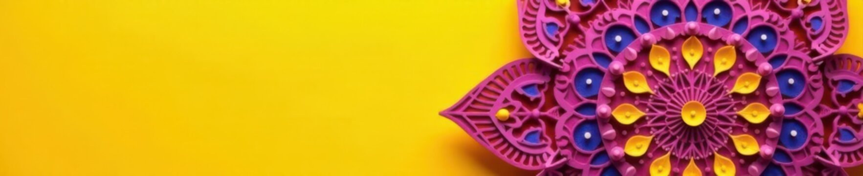Intricate purple paper-cut rangoli, Diwali theme Yellow background , rangoli design, purple