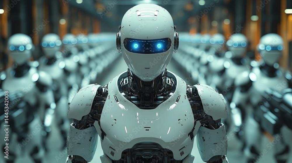 Aufkleber futuristic humanoid robot collaborates with automated machines in a gray-toned factory, illuminated 