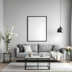 Modern Minimalist Living Room Interior with Blank Frame Mockup