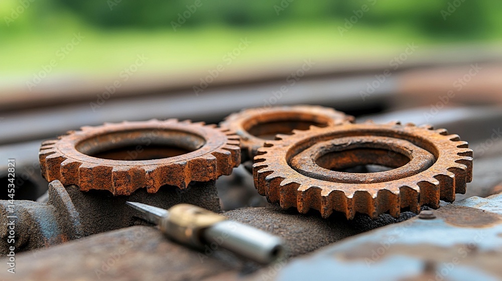 Poster close-up of three rusty gears on a metallic surface, with a small tool nearby.