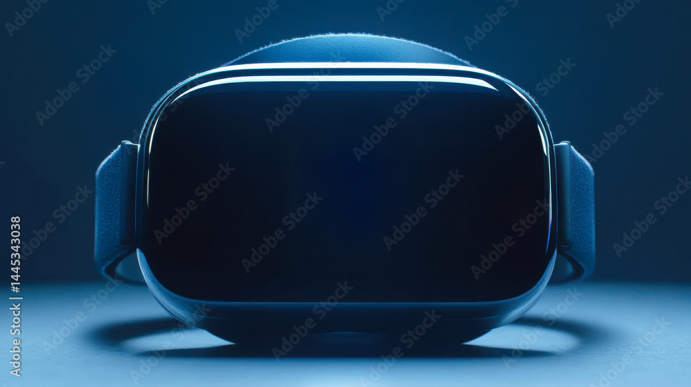Poster virtual reality headset displayed on a smooth surface under soft lighting in a modern setting, showc