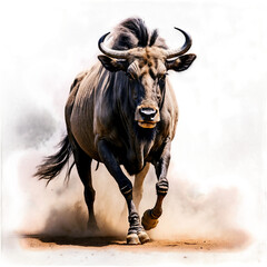A powerful wildebeest charges across the plains, kicking up dust in its wake. The dramatic lighting and intense gaze of the animal create a captivating image.
