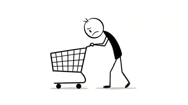 animated line figure character pushing an empty trolley with a sad expression