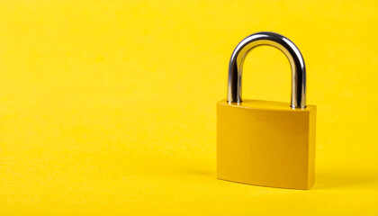 Fototapeta premium Yellow metal padlock on yellow backdrop. Close-up