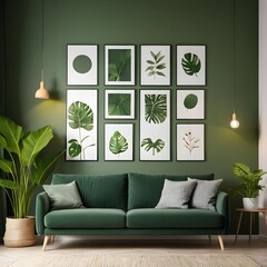 Green Living Room Interior with Tropical Leaf Artwork