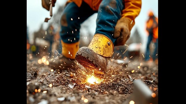 Close-up of worker's feet in muddy yellow boots striking sparks during metalwork.