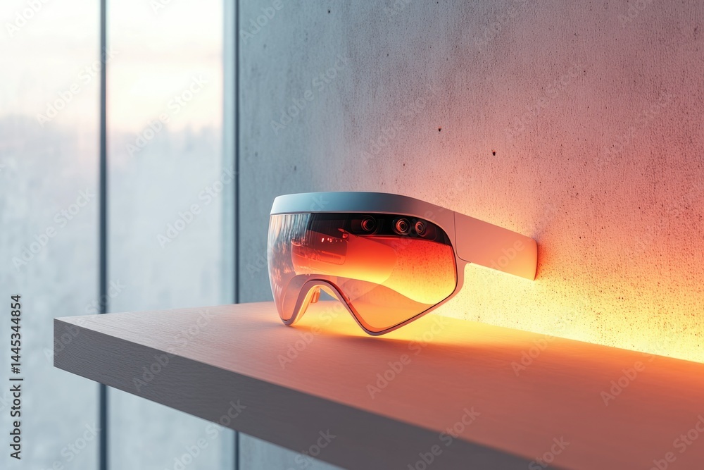 Poster futuristic smart glasses with advanced sensors rest on a shelf, illuminated by warm light.