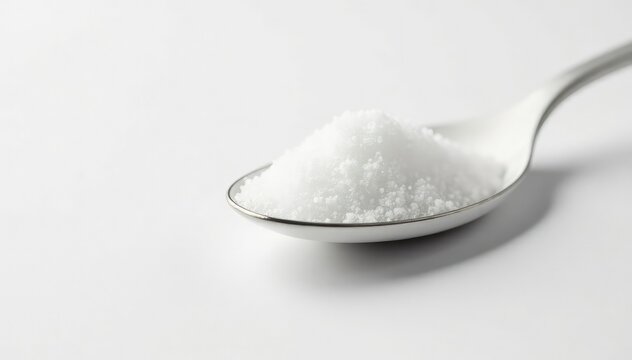 Spoonful of white sugar against white backdrop, macro, white sugar, still life