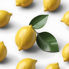 Fresh Lemons with Leaves on White Background