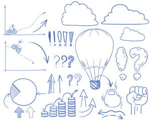 The set of hand-drawn cartoon-style vector elements for a business or coaching presentation.