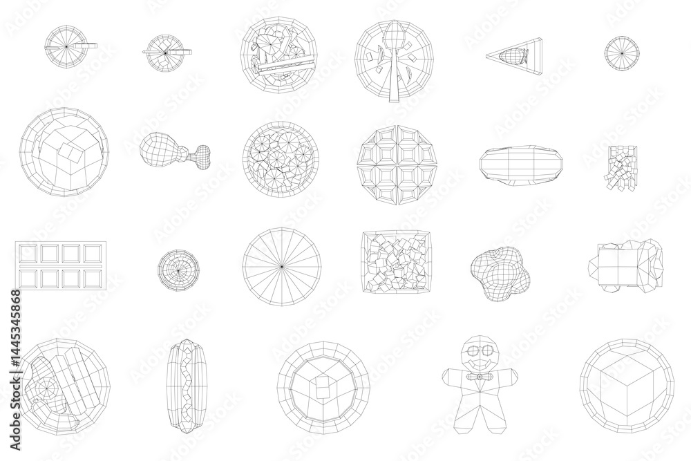 Poster a collection of food. the image is a collection of different shapes and patterns, with some resembli