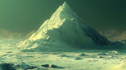 Majestic snow covered mountain peak towe over icy landscape with rugged terrain in a remote natural setting du daytime