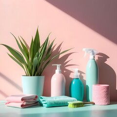 Pastel Cleaning Supplies and Plant Still Life