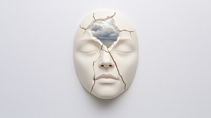 Emotion conflict inner mental. A cracked white mask with closed eyes reveals a sky with clouds inside, symbolizing inner thoughts or imagination.