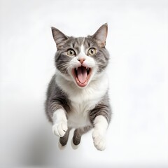 Obraz premium Playful Gray and White Cat in Mid-Air, Mouth Open