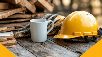 Coffee mug, hard hat, and wood on rustic table.