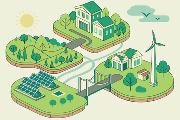 Green Floating Village with Solar Panels and Wind Energy Concept Art