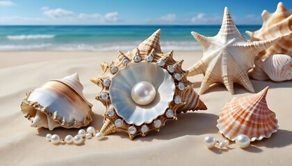 Obraz premium Seashells, Pearls, and Ocean Beach Scene
