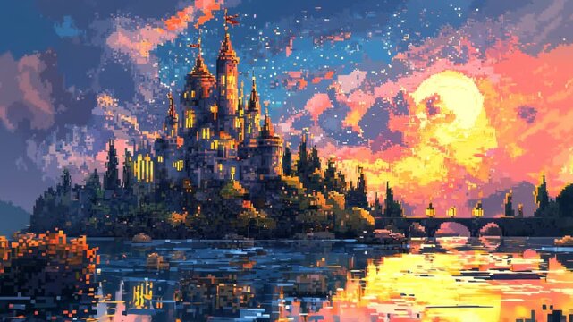 Colorful landscape with fairy tale castle on lake in pixel art style