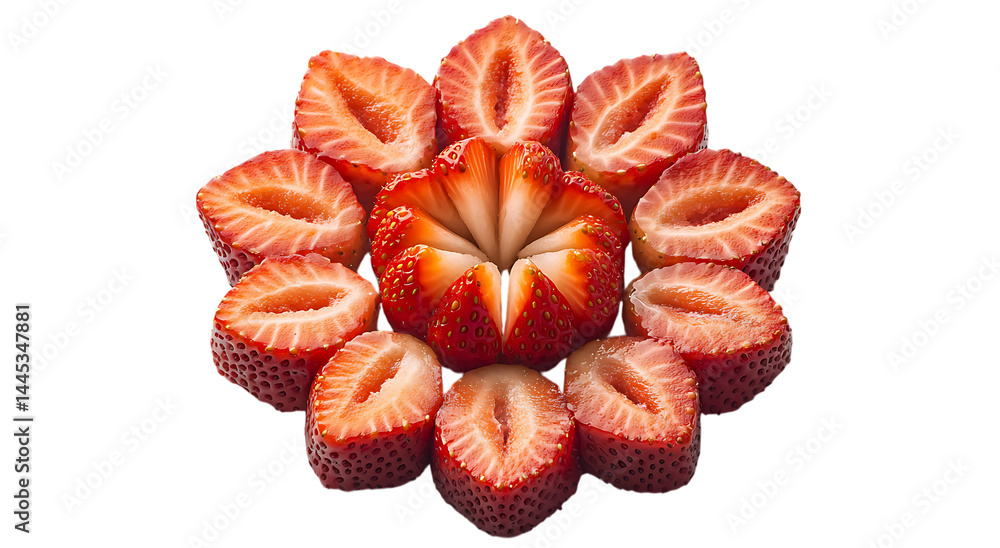 Poster cut strawberries arranged in circular pattern on trasparent background