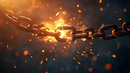 chain breaking with fiery sparks flying around it, symbolizing the concept of breaking free and liberation. The intense light and energy convey a powerful moment of emancipation and strength