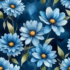 Seamless Pattern of Blue Watercolor Flowers