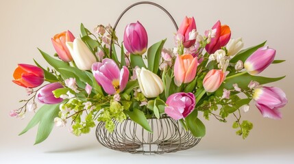 Obraz premium Soft spring palette of tulips and greens in a minimalist wire basket