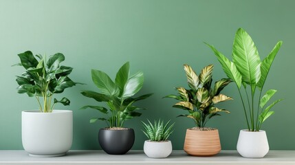Obraz premium Trio of stylish potted houseplants set against a muted green wall
