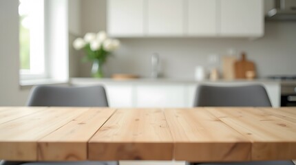 Natural Wooden Kitchen Table with Soft-Focused Bright Interior Background, Interior background with empty kitchen table